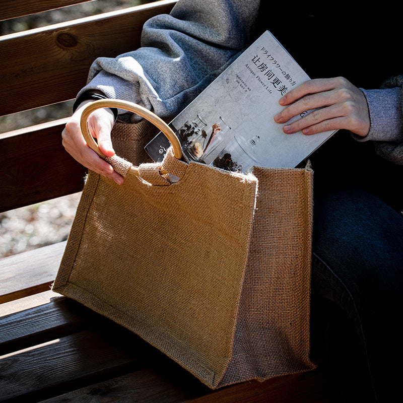 Bamboo Handle Burlap Bag|Burlap Handmade Bag|Shopping Bags - TeaCeremonyLife