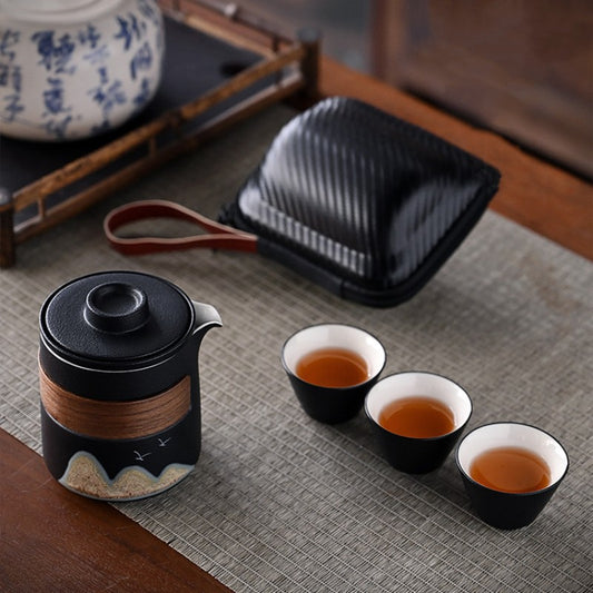 Ceramic Travel Tea Set With 3 Cups|Portable Tea Pot Set - TeaCeremonyLife