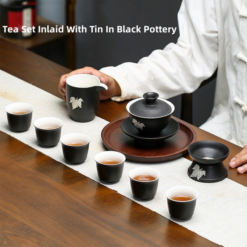 Black Ceramic Maple Gaiwan Tea Set With 6Cups 160ml - TeaCeremonyLife