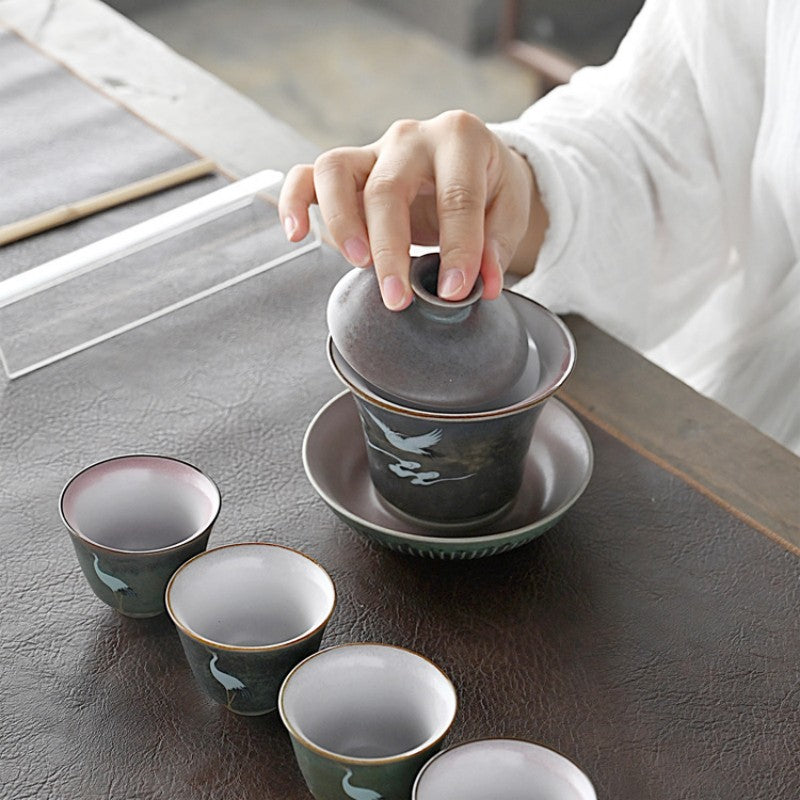 Ceramic Flying Crane Gaiwan Tea Set|Handmade Gaiwan Tea Cup with Saucer