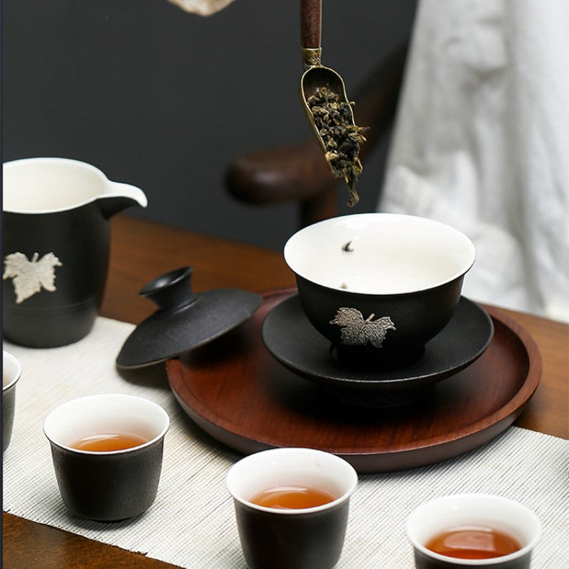 Black Ceramic Maple Gaiwan Tea Set With 6Cups 160ml - TeaCeremonyLife