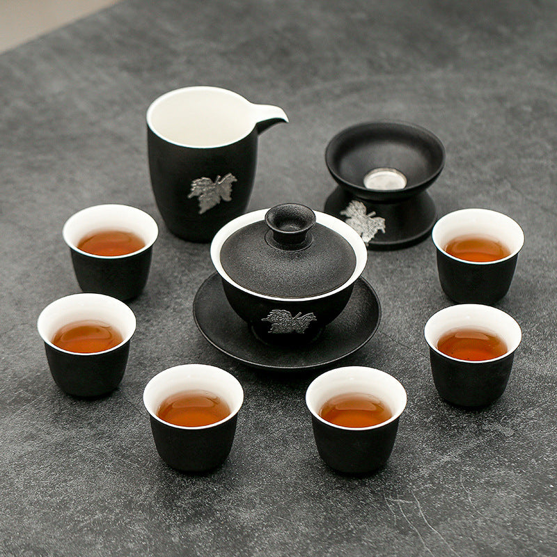 Black Ceramic Maple Gaiwan Tea Set With 6Cups 160ml - TeaCeremonyLife