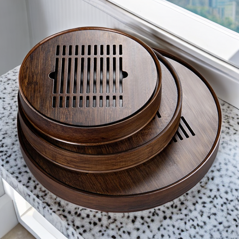 Wood Gong Fu Tea Tray With Water Storage|Round Tea Tray - TeaCeremonyLife