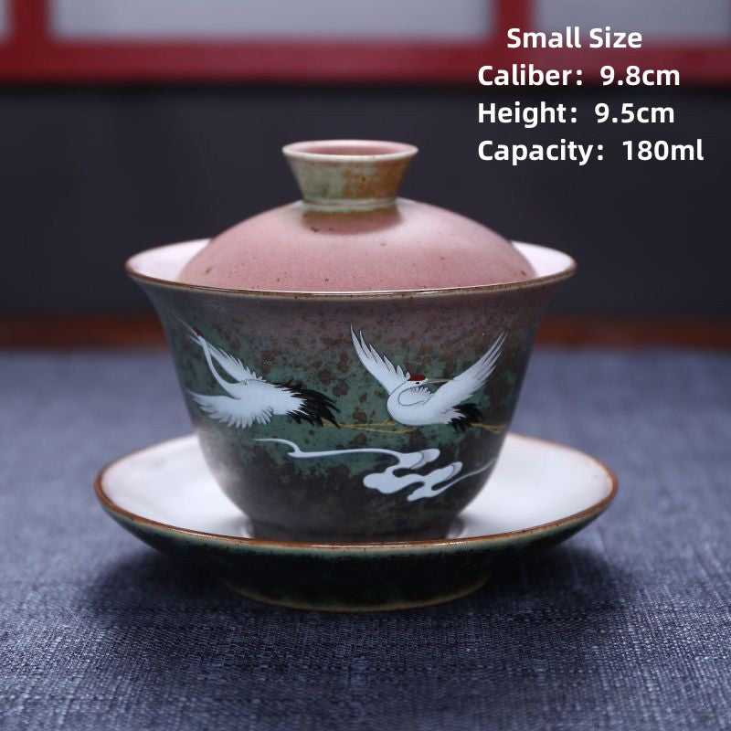 Ceramic Flying Crane Gaiwan Tea Set|Handmade Gaiwan Tea Cup with Saucer