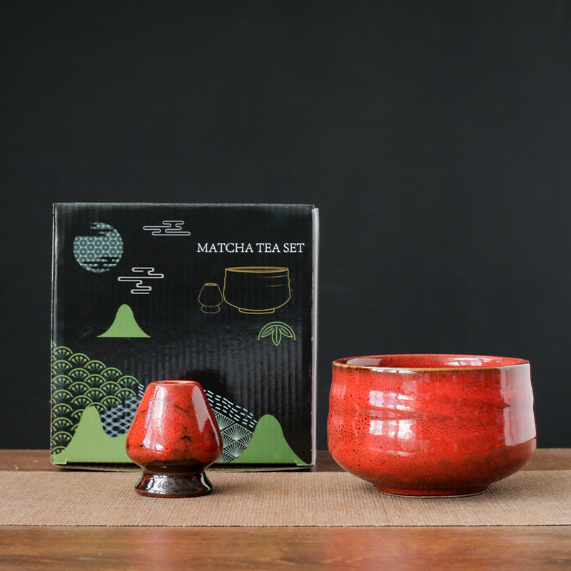 Ceramic Glazed Matcha Bowl Set|Matcha Bowl with Chasen Holder - TeaCeremonyLife