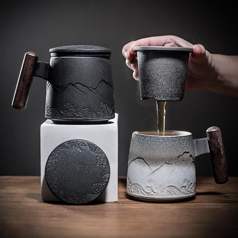 Ceramic Tea Mug with Infuser|Mountain Ceramic Tea Cup With Tea Cans 350ml - TeaCeremonyLife