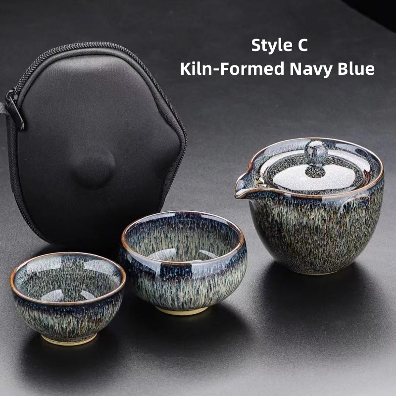 Kiln Change Ceramic Travel Tea Set|Gaiwan Set with 2 cups|Portable Tea Set - TeaCeremonyLife