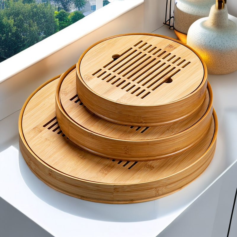 Wood Gong Fu Tea Tray With Water Storage|Round Tea Tray - TeaCeremonyLife