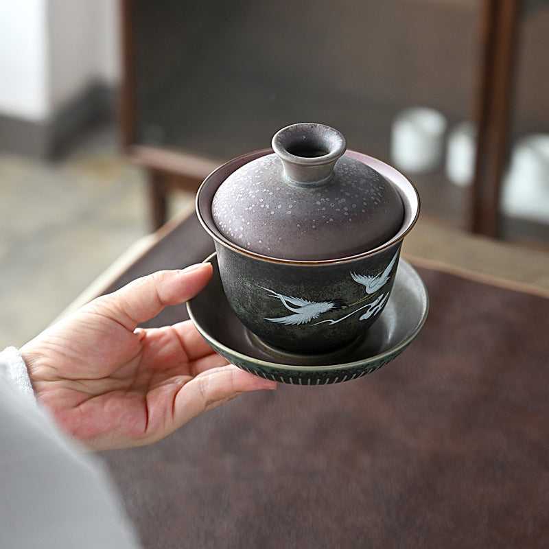 Ceramic Flying Crane Gaiwan Tea Set|Handmade Gaiwan Tea Cup with Saucer