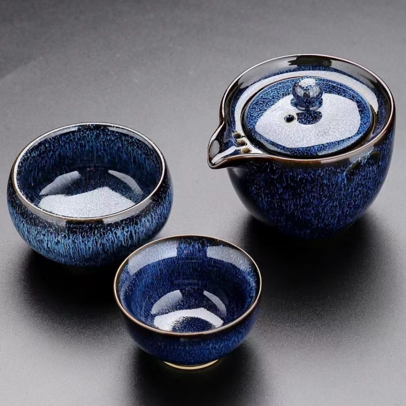 Kiln Change Ceramic Travel Tea Set|Gaiwan Set with 2 cups|Portable Tea Set - TeaCeremonyLife