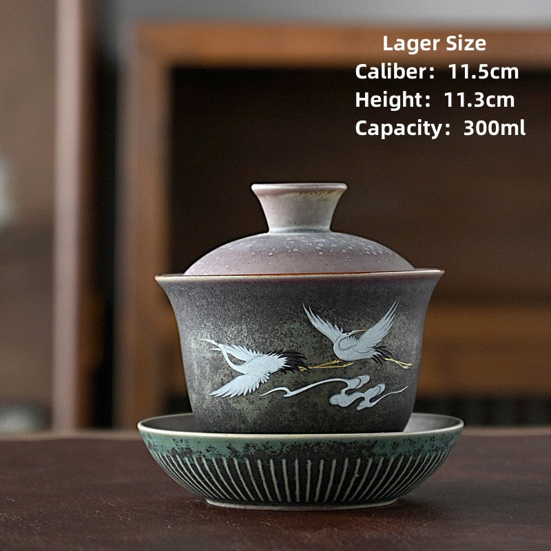 Ceramic Flying Crane Gaiwan Tea Set|Handmade Gaiwan Tea Cup with Saucer