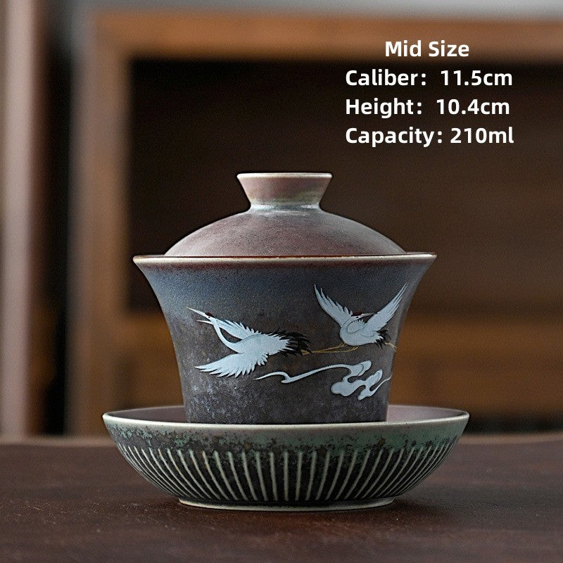 Ceramic Flying Crane Gaiwan Tea Set|Handmade Gaiwan Tea Cup with Saucer