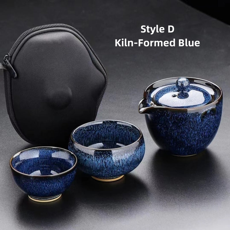 Kiln Change Ceramic Travel Tea Set|Gaiwan Set with 2 cups|Portable Tea Set - TeaCeremonyLife